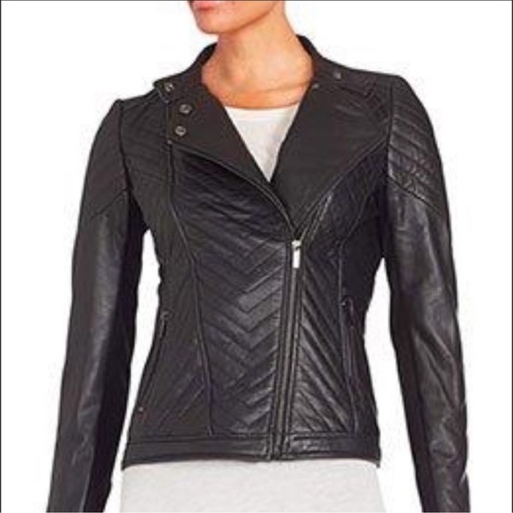 $349 Badgley Mischka Black soft leather Chevron quilted Biker jacket slim fit L - Picture 3 of 15